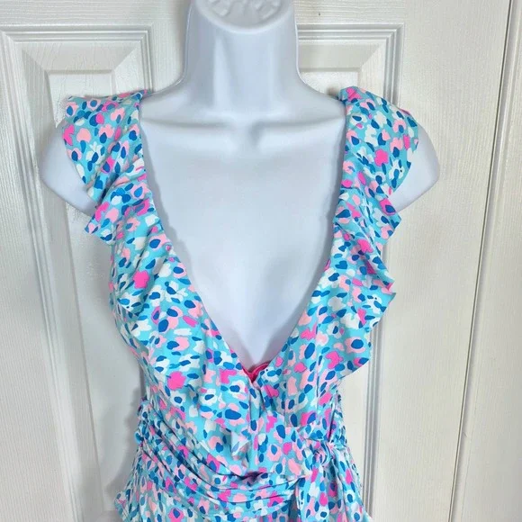 Lilly Pulitzer Delphie one-piece blue pink leopard spot print swimsuit womens 2 - Picture 6 of 13